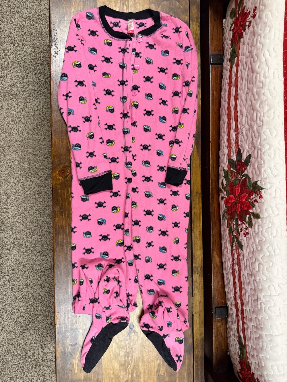 *Halloween Themed* Women’s pink Footed Pajamas with Black Trim